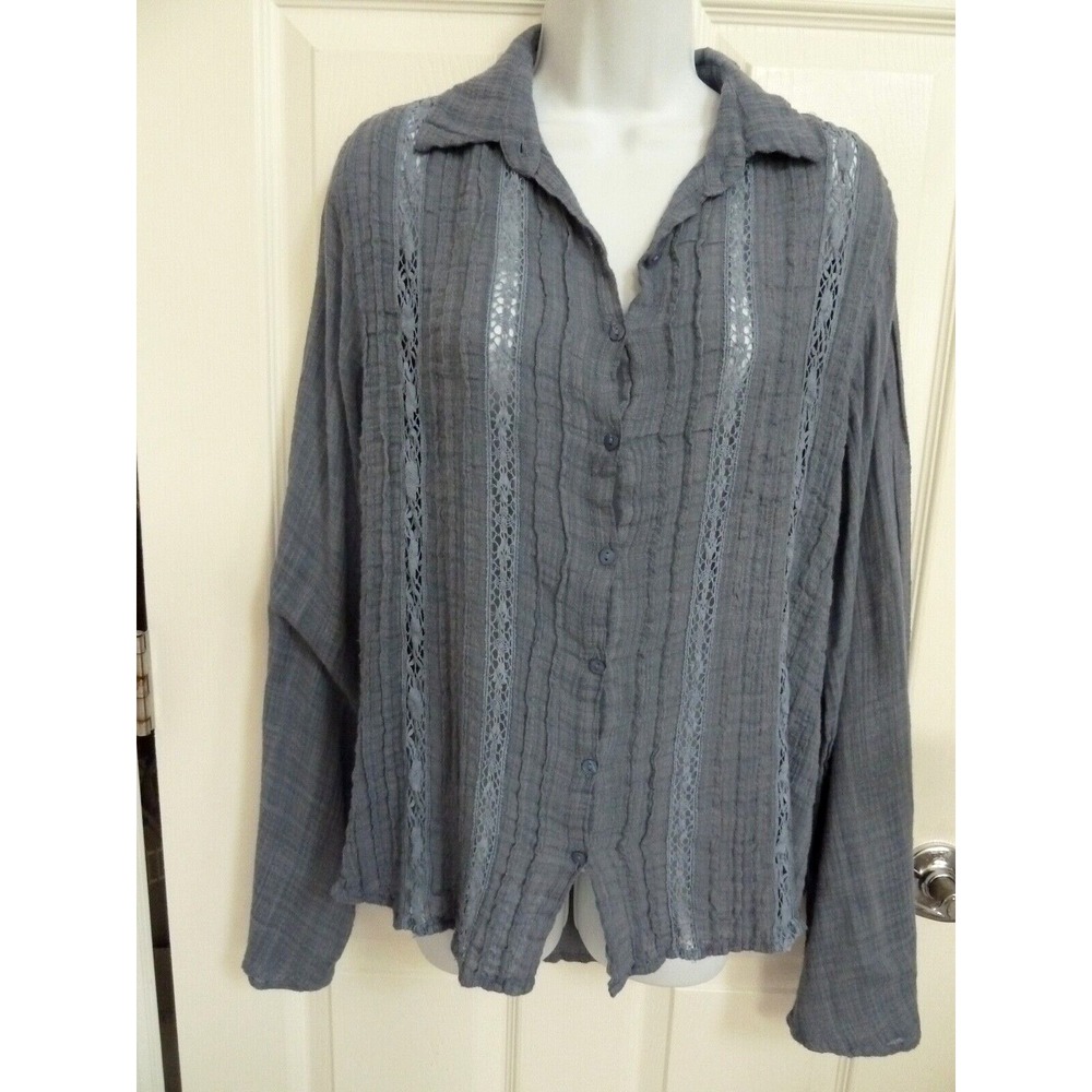 Free People FP One XS Gauzy Denim Oversized Blouse Lace Boho Hippie Grunge Blue
